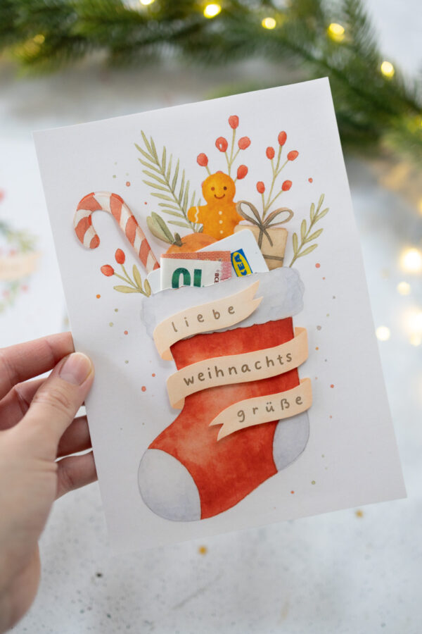 Weihnachtsstrumpf für Geld und Gutscheine - Vorlage zum Ausdrucken Weihnachtsstrumpf für Geld und Gutscheine - Vorlage zum Ausdrucken